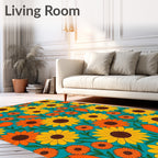 Yellow Orange Sunflowers Teal Botanical Rug