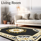 Ornate Gold Black White Medallion Border Rug