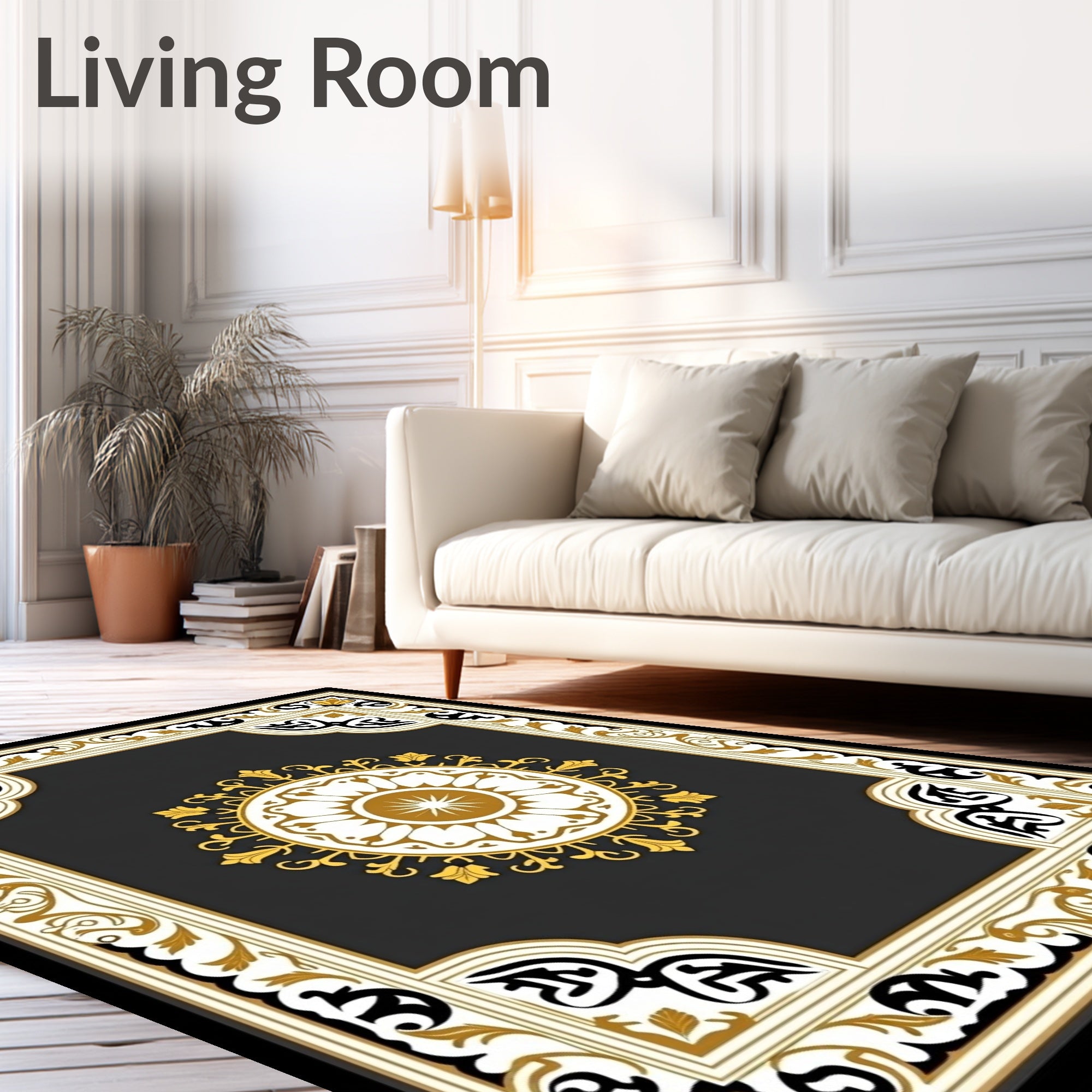 Ornate Gold Black White Medallion Border Rug