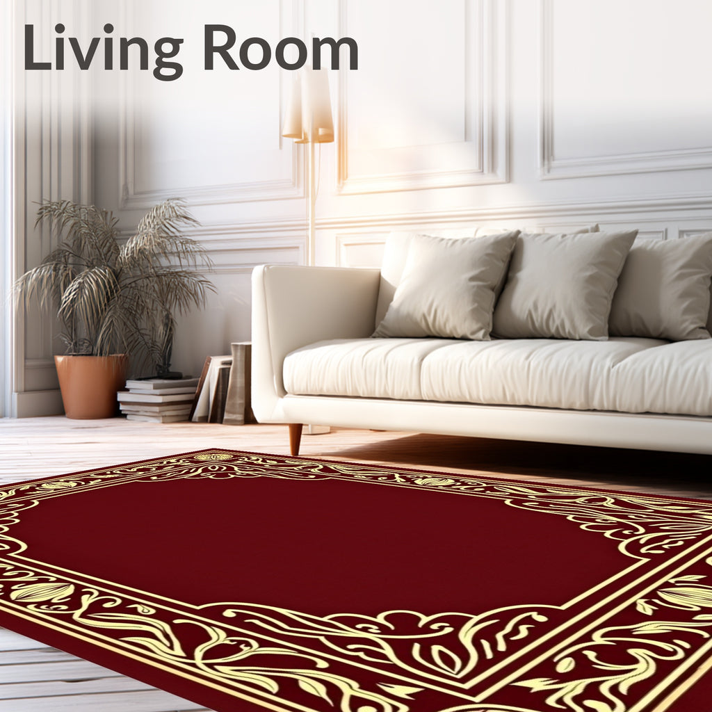Rich Red Golden Floral Border Rug