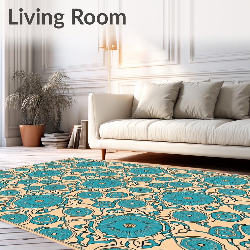 Aqua Floral Medallion Beige Line Art Rug