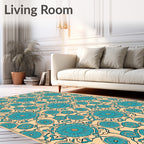 Aqua Floral Medallion Beige Line Art Rug