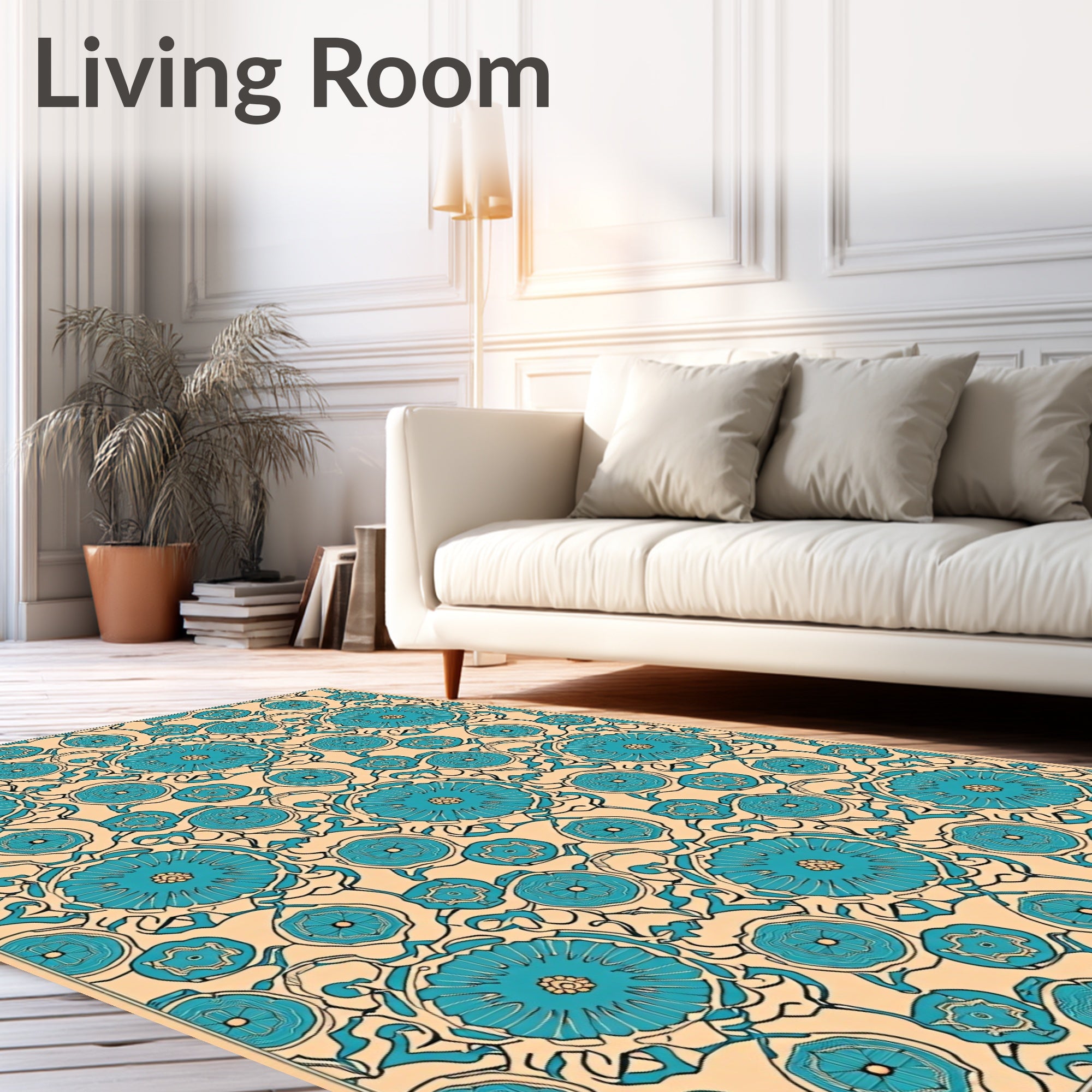 Aqua Floral Medallion Beige Line Art Rug