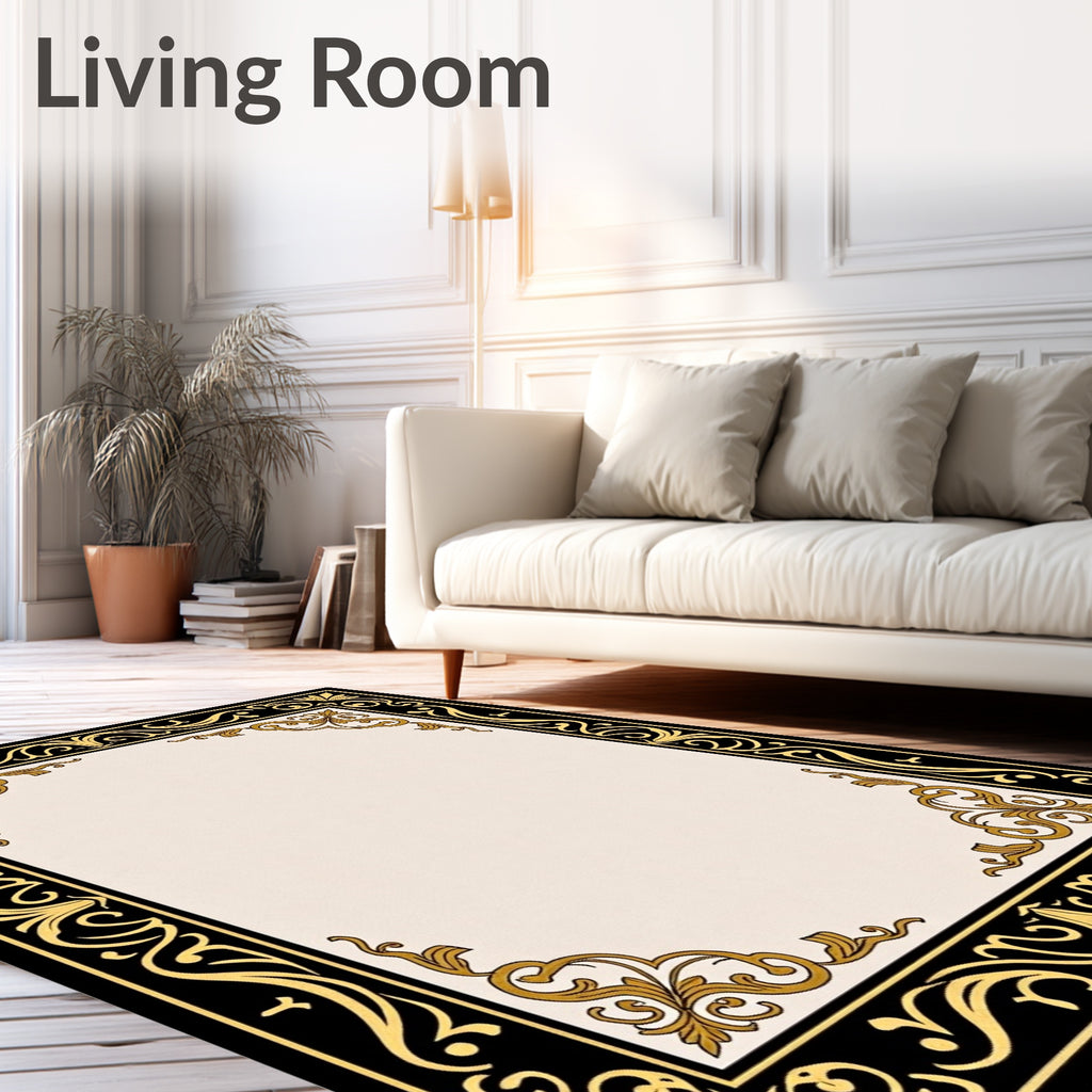 Black Gold Filigree Scroll Border Rug