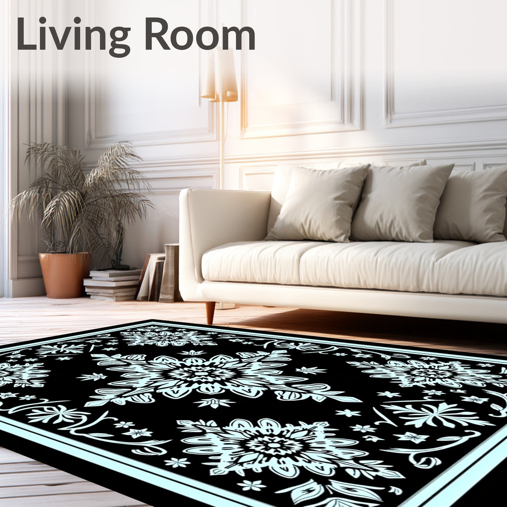 Black Aqua Floral Medallion Garden Rug