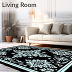 Black Aqua Floral Medallion Garden Rug