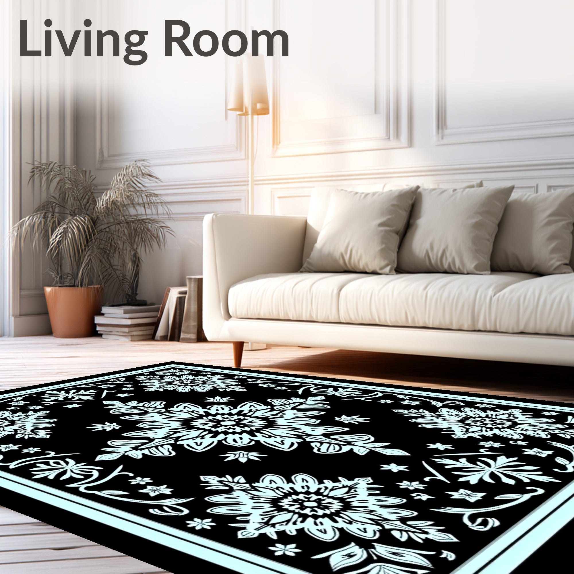 Black Aqua Floral Medallion Garden Rug