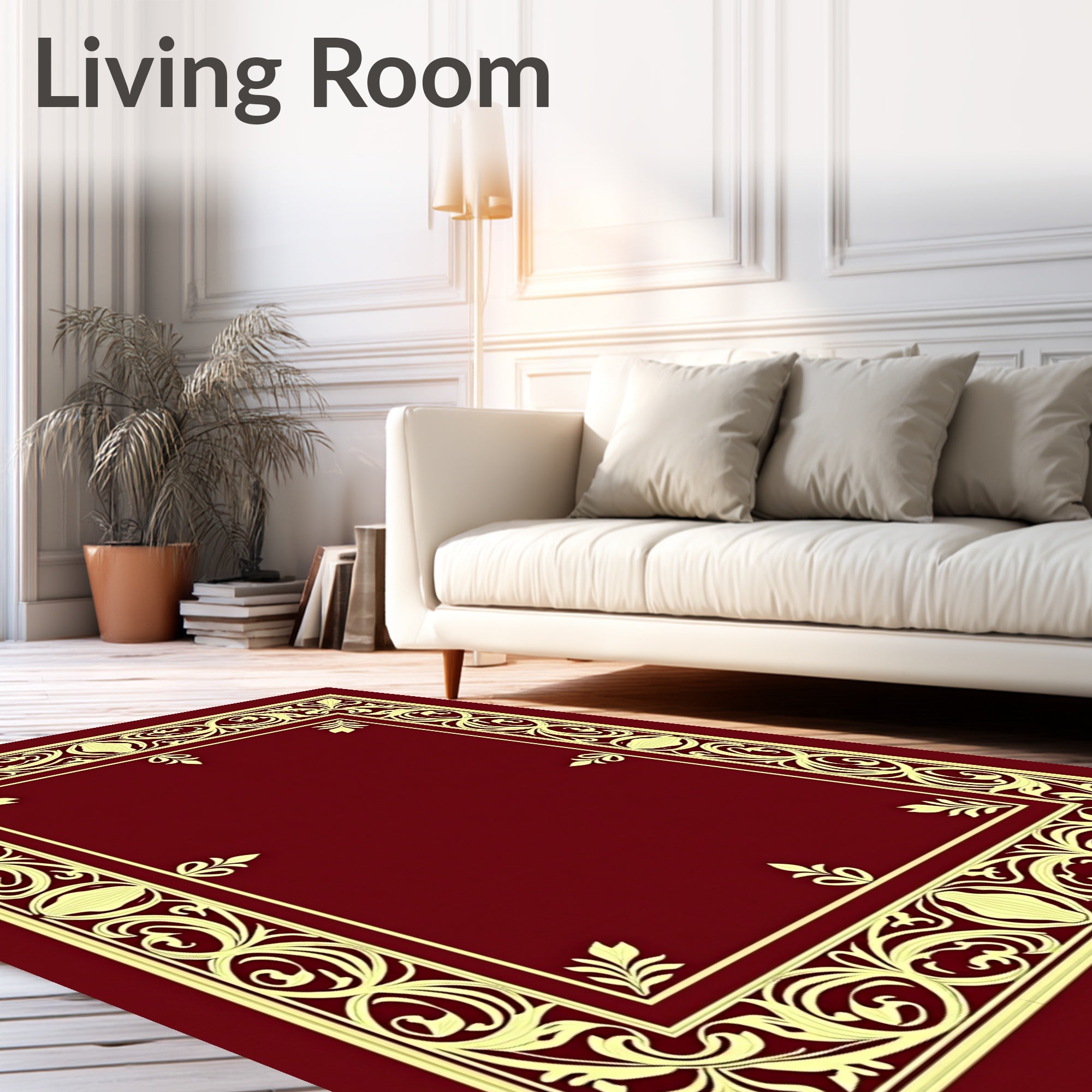 Ornate Crimson Gold Floral Border Rug