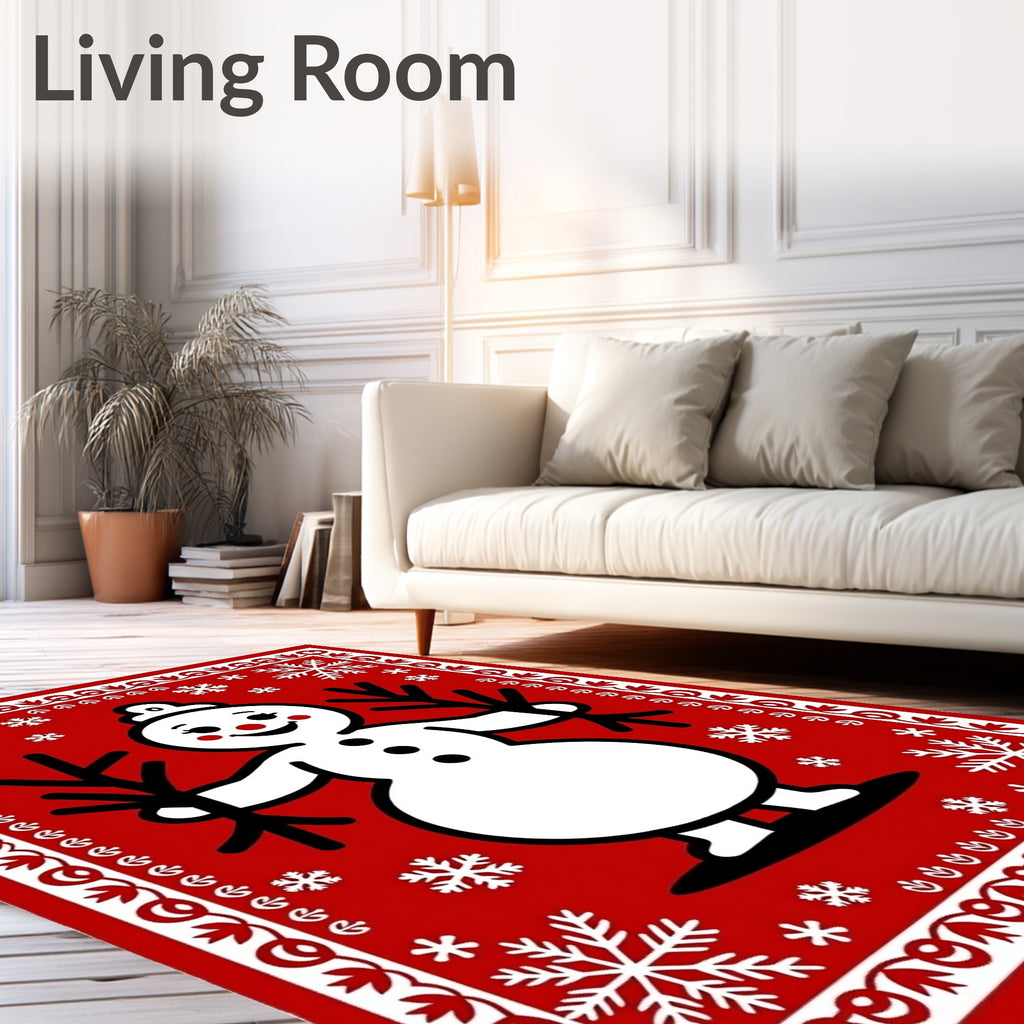 Festive Red Snowman Snowflake Border Rug