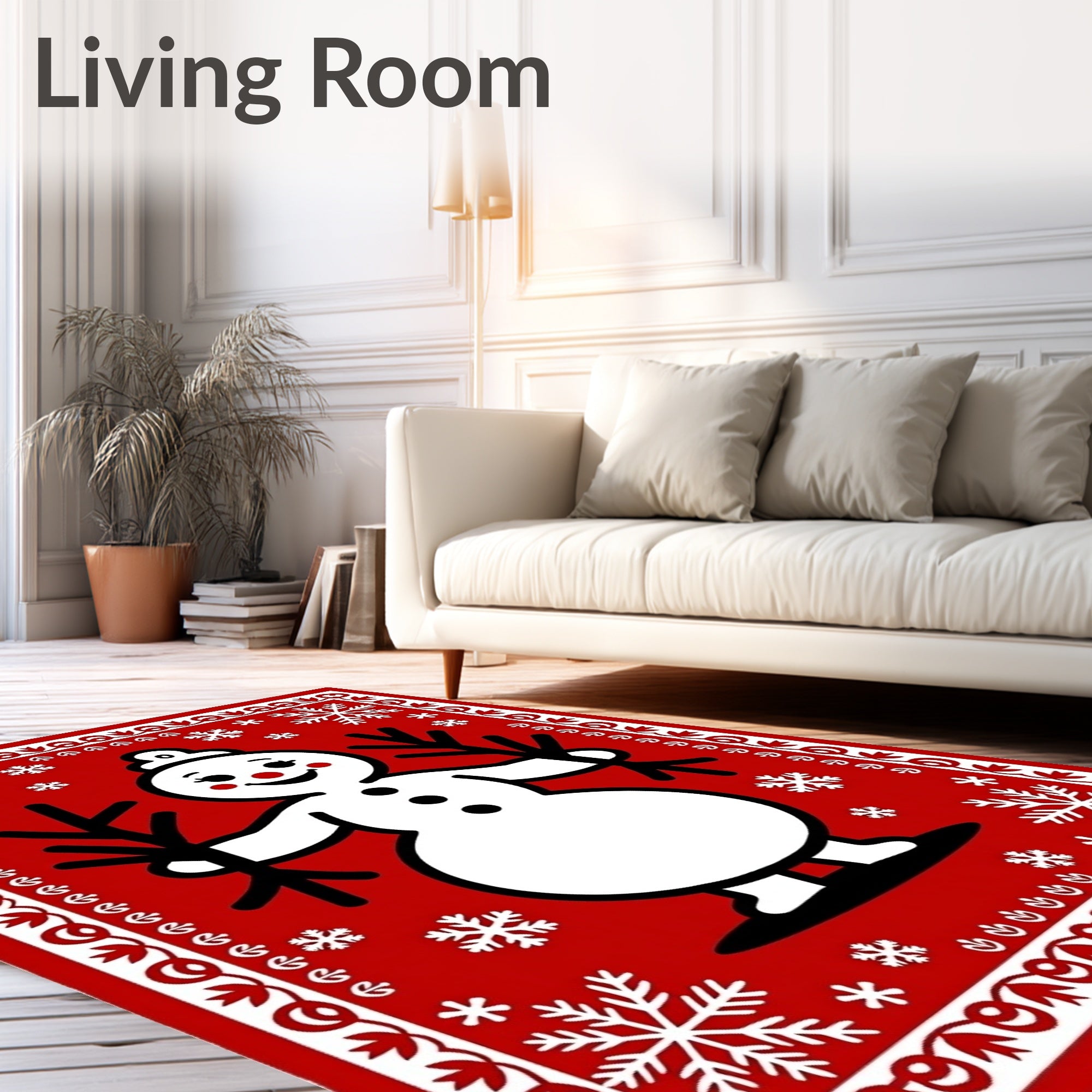 Festive Red Snowman Snowflake Border Rug
