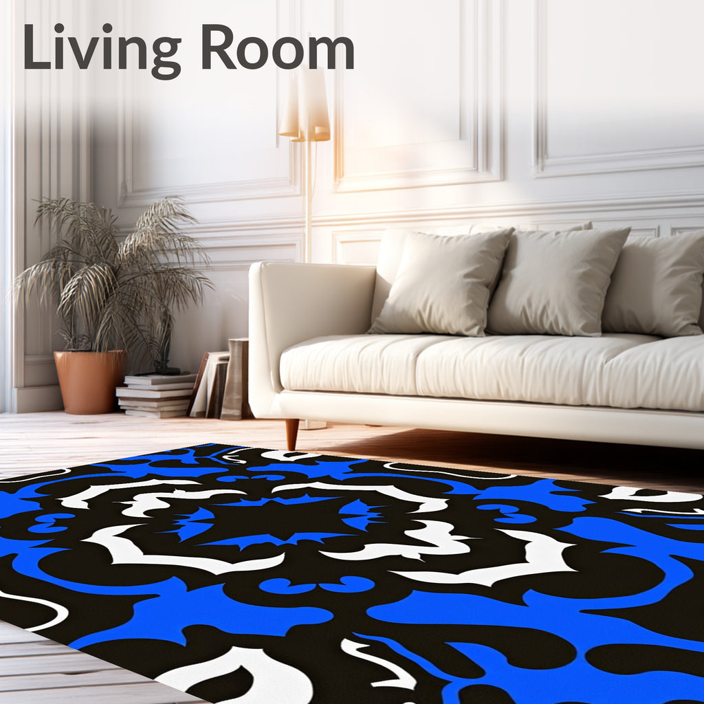 Bold Blue White Symmetrical Scroll Rug
