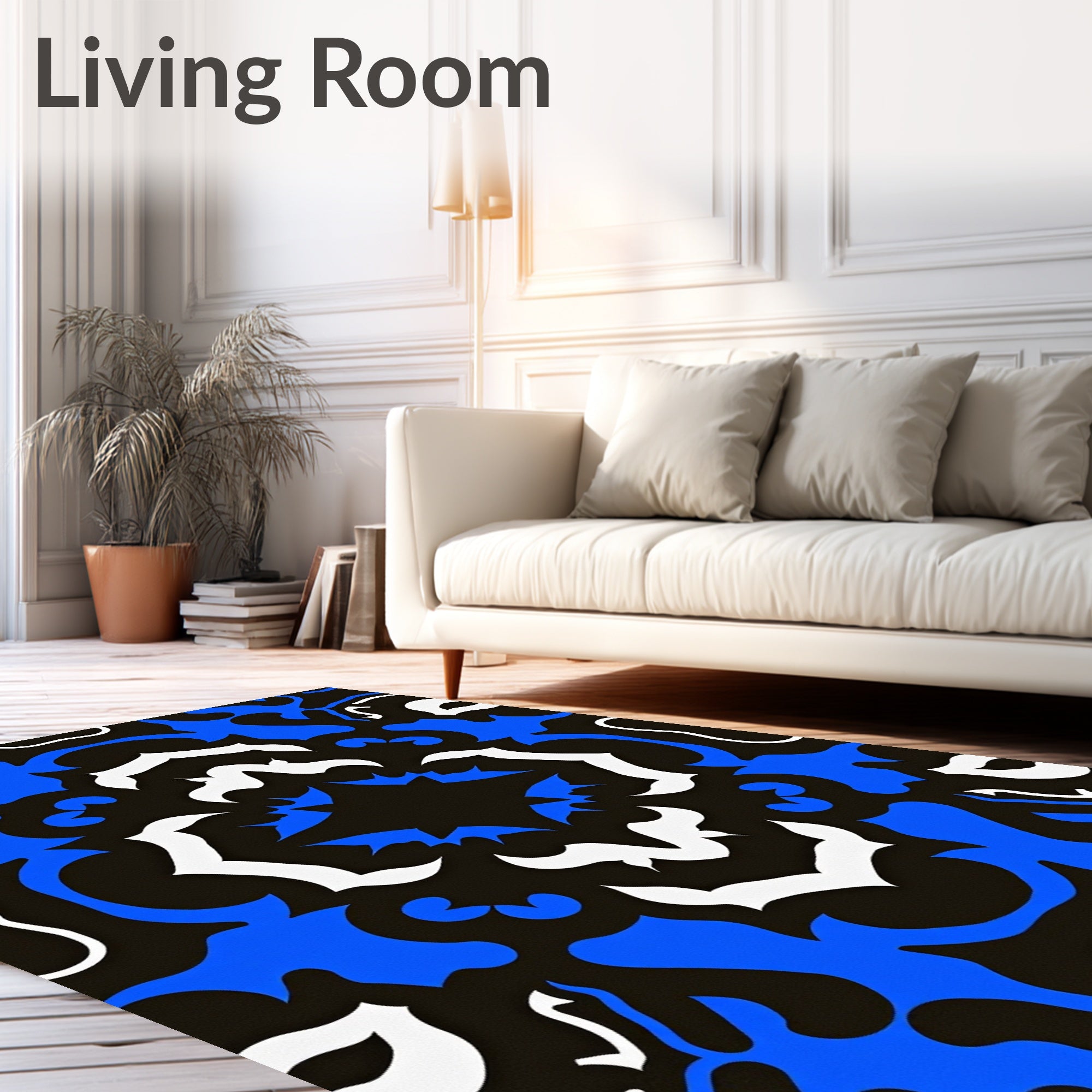 Bold Blue White Symmetrical Scroll Rug