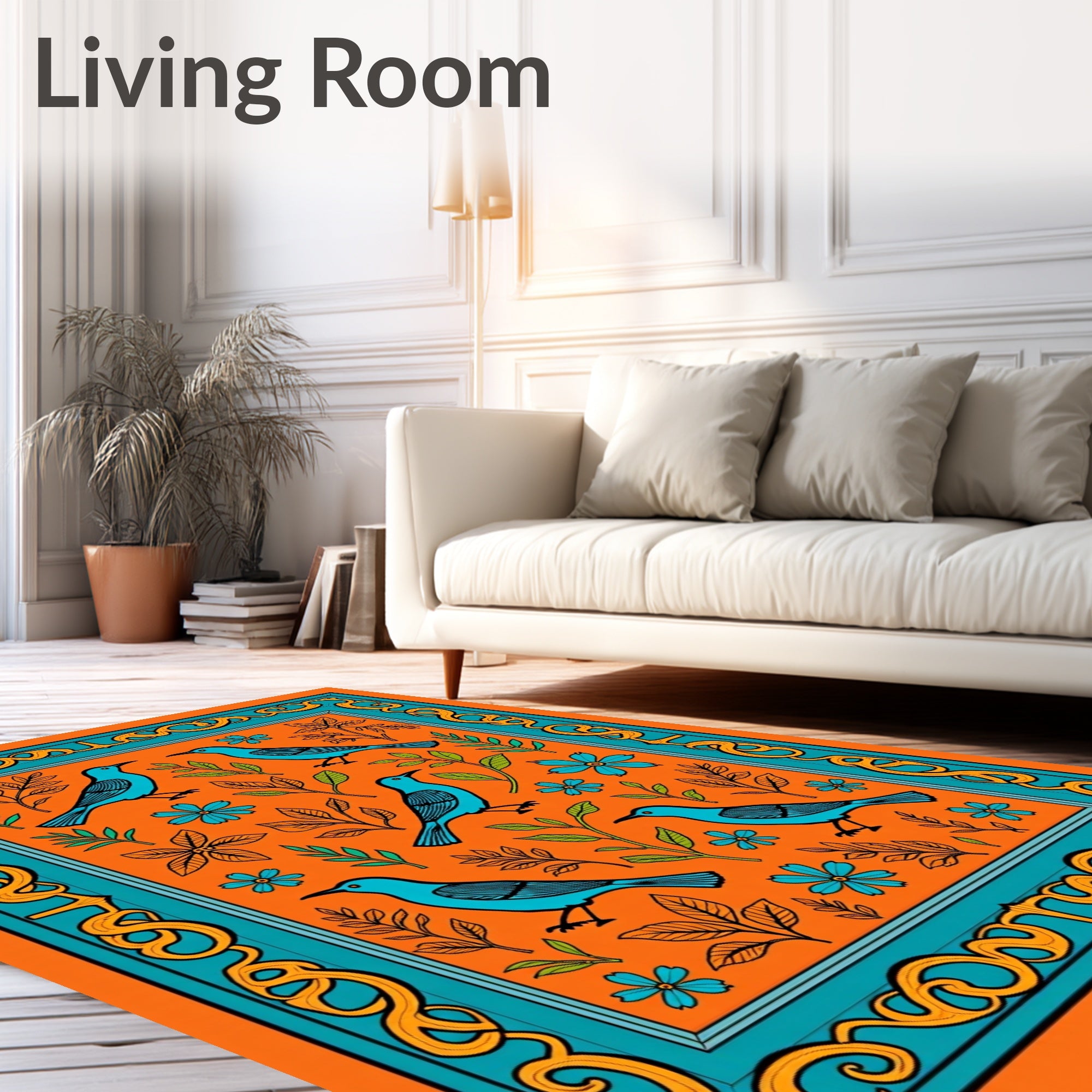 Orange Blue Birds Floral Border Rug
