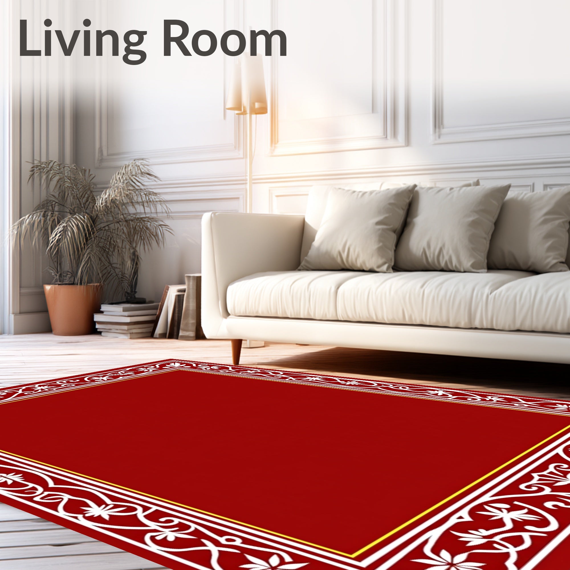 Rich Red Floral Vine Border Rug