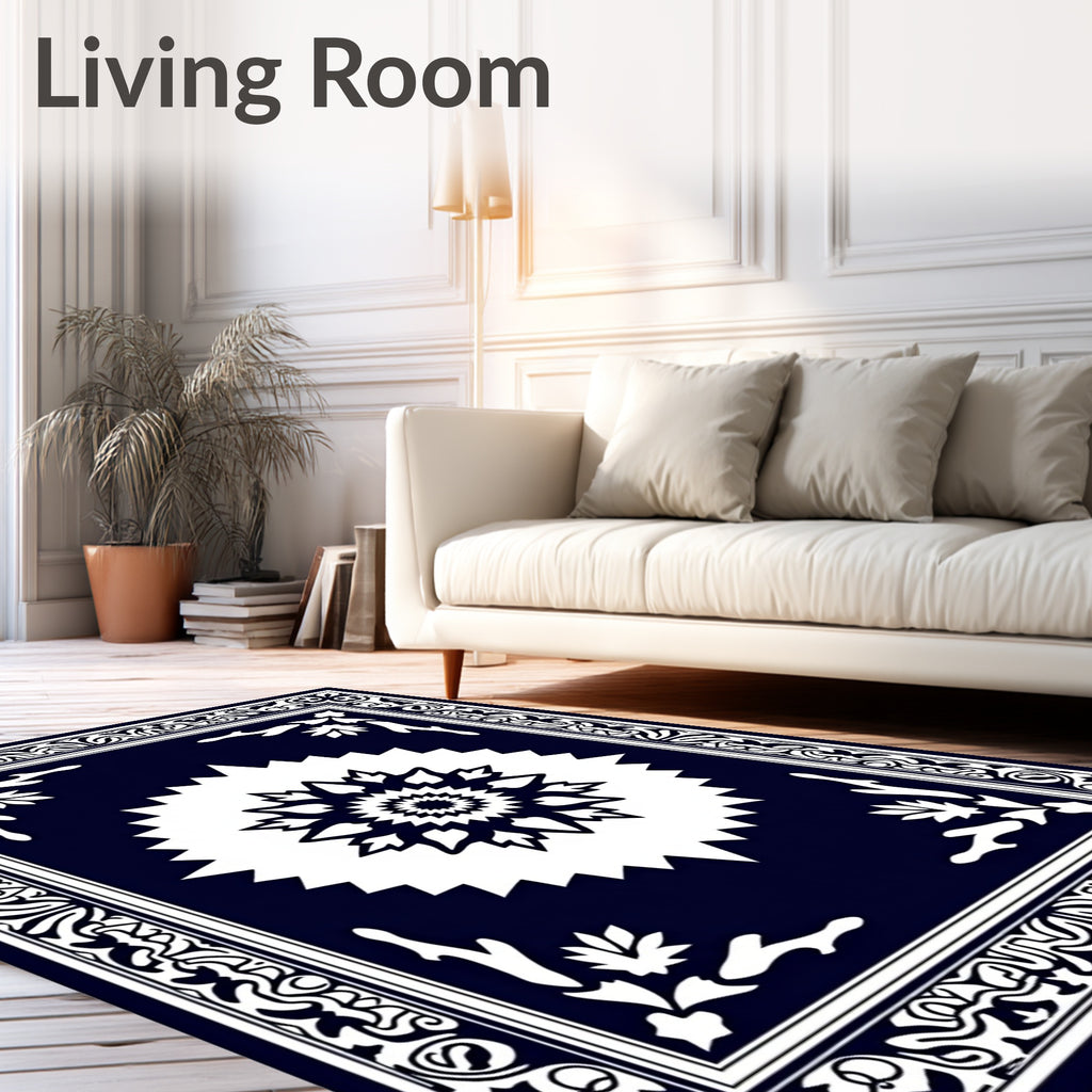 Deep Navy White Geometric Sunburst Rug
