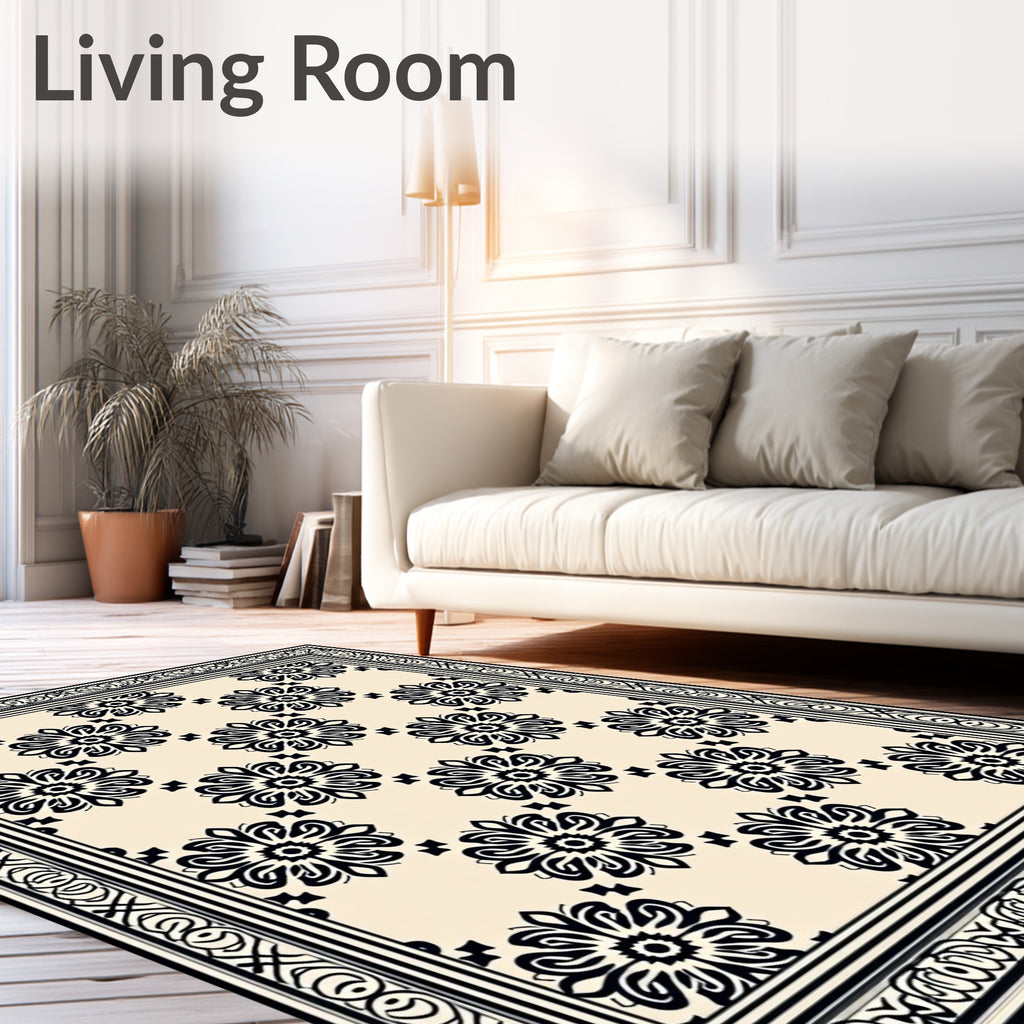 Cream Black Floral Medallion Border Rug