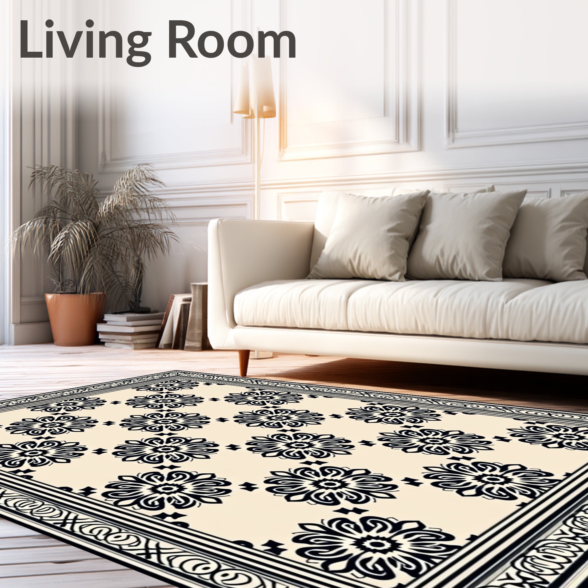 Cream Black Floral Medallion Border Rug