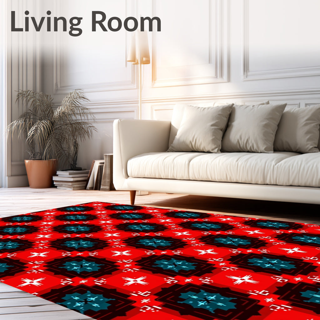 Bold Red Teal Geometric Square Rug
