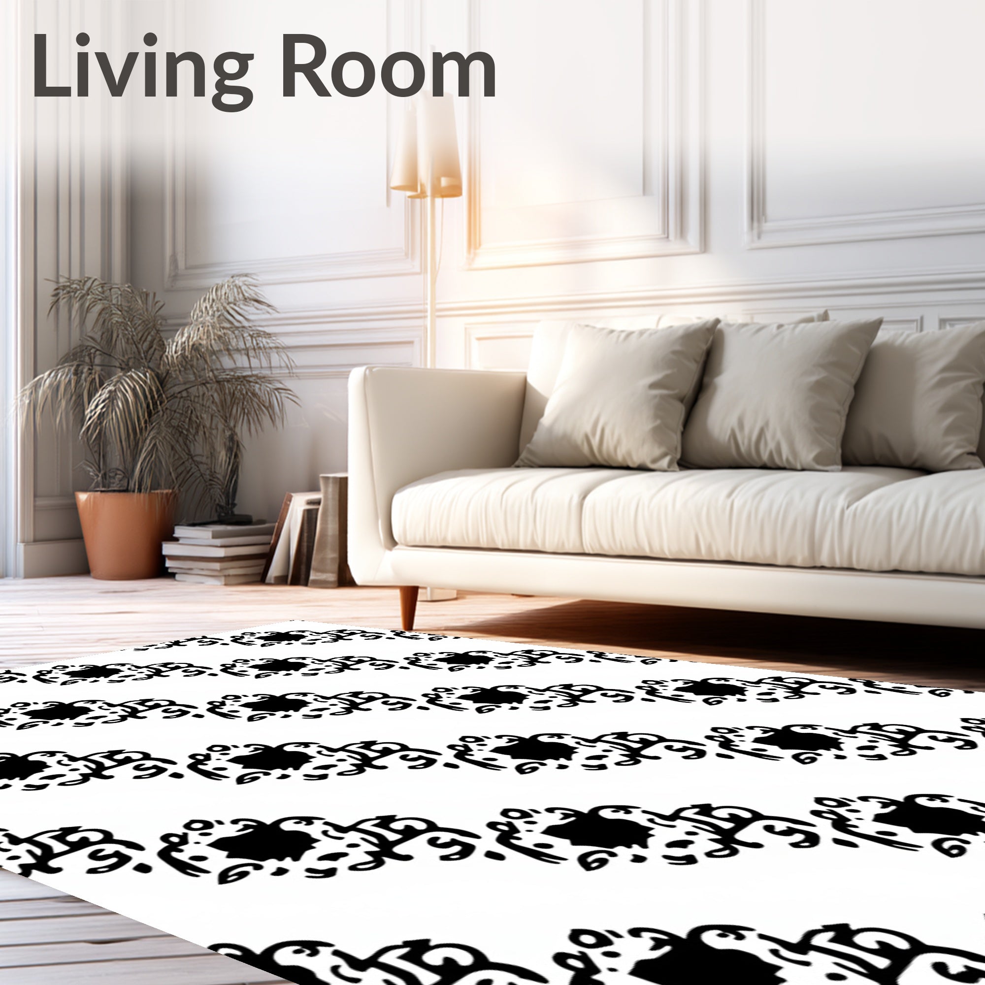 Black White Floral Scroll Arrangement Rug
