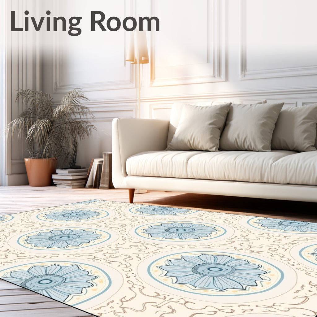 Pale Blue Floral Medallion Cream Background Rug