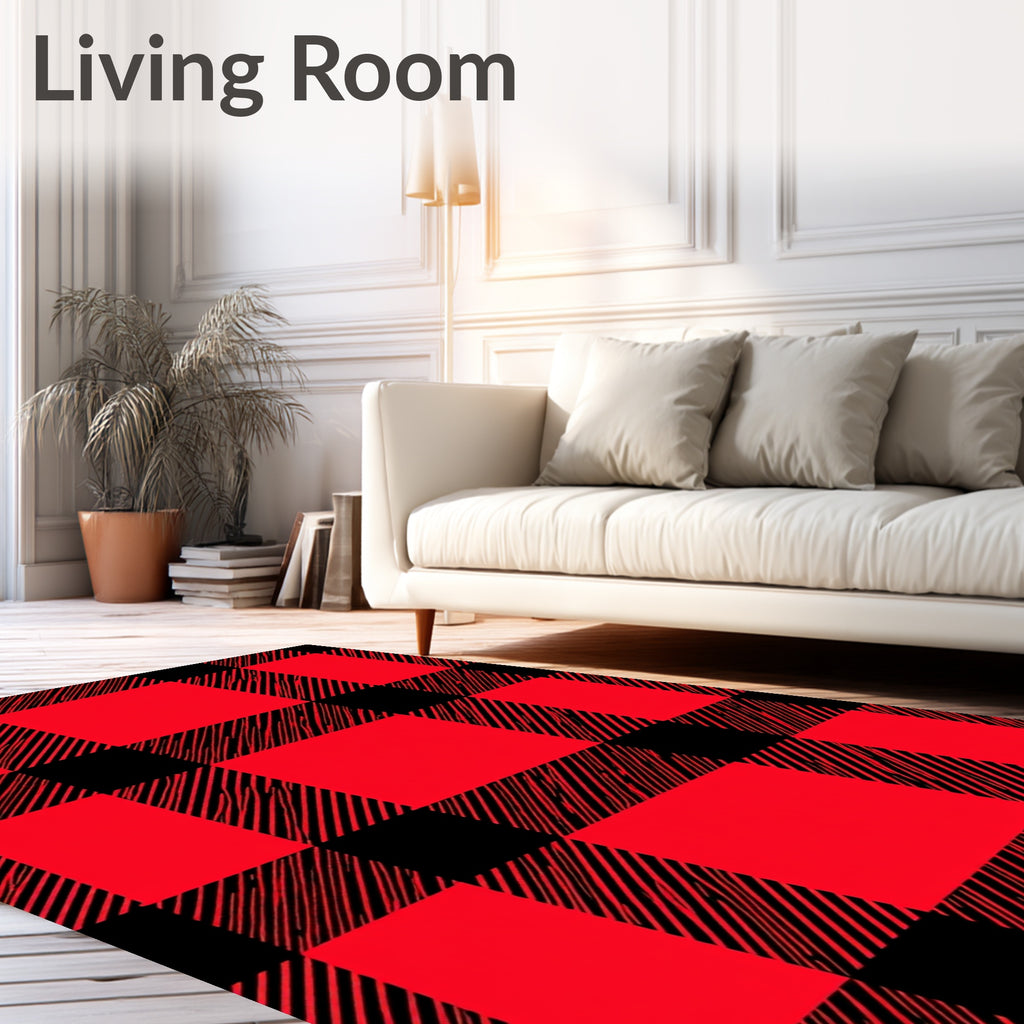 Bold Plaid Crimson Black Checkered Rug