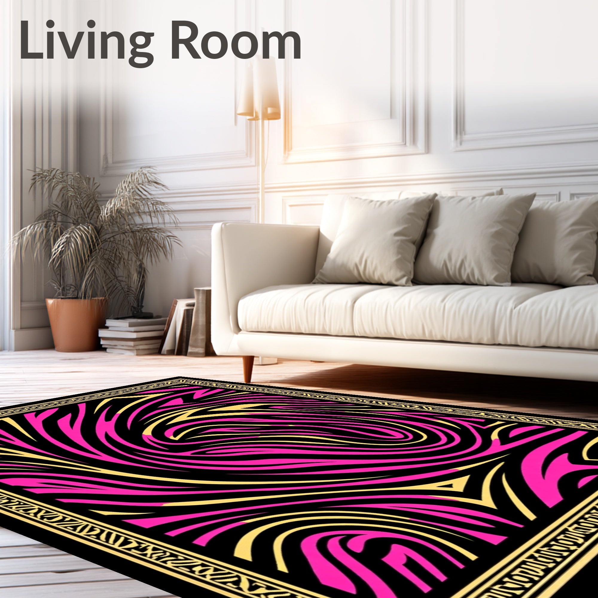 Vibrant Pink Yellow Swirl Zebra Border Rug