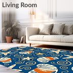Deep Blue Coastal Starfish and Shells Rug