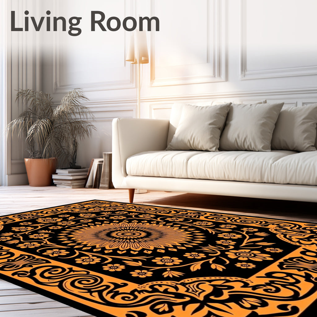 Ornate Floral Medallion Black Orange Rug