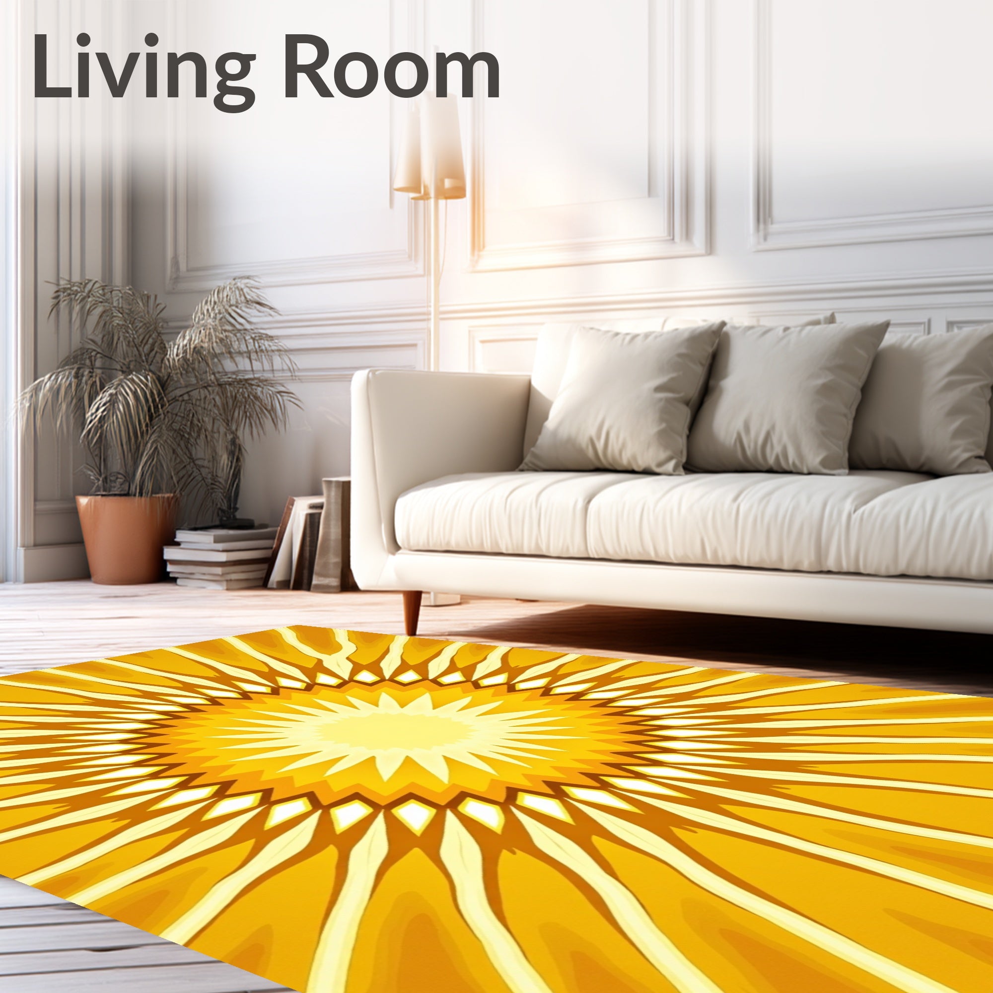 Radiant Sunburst Yellow Kaleidoscopic Rays Rug