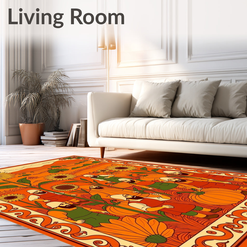 Autumn Harvest Farmers Sunflowers Pumpkins Scene Rug