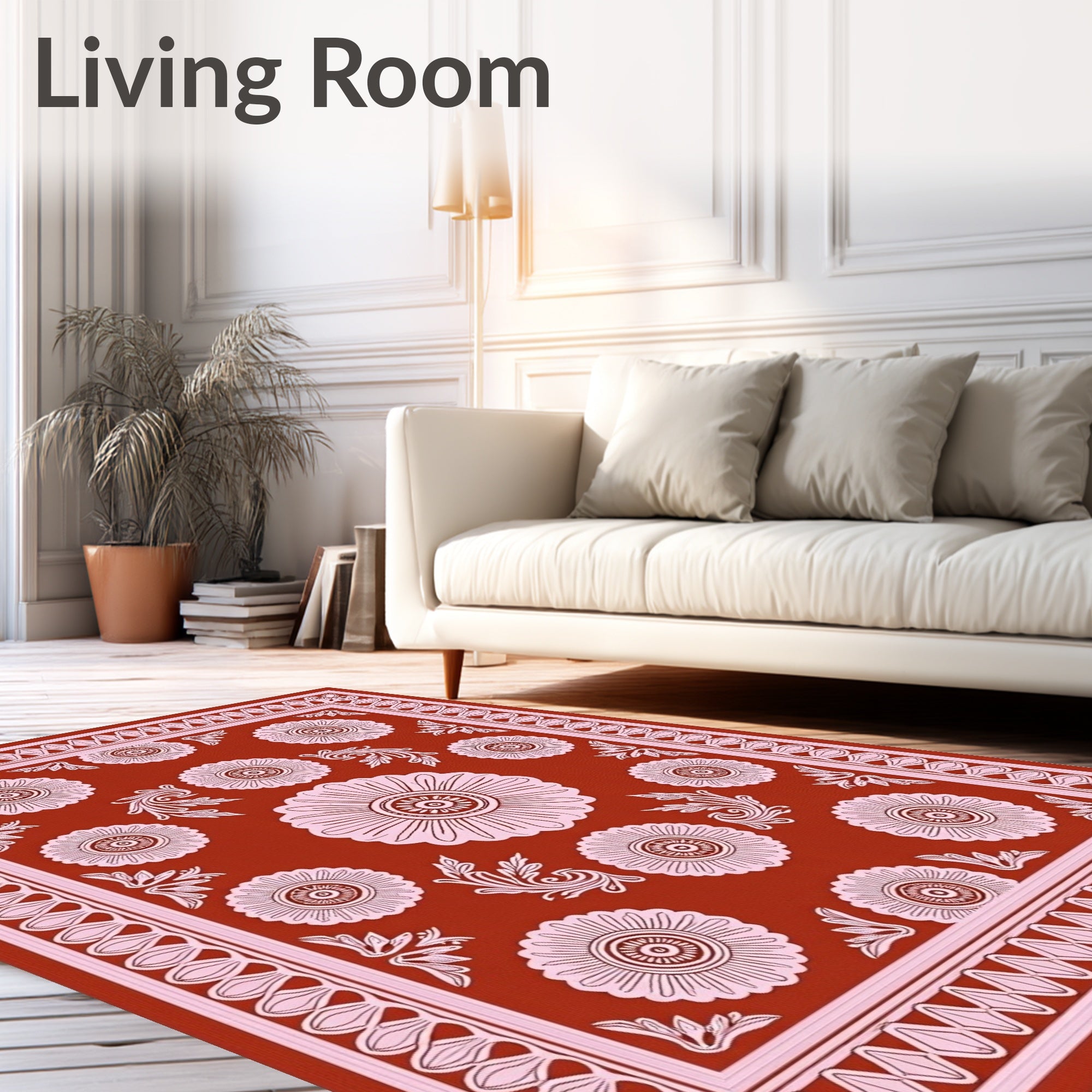 Floral Blossom Bordered Terra Cotta Rug