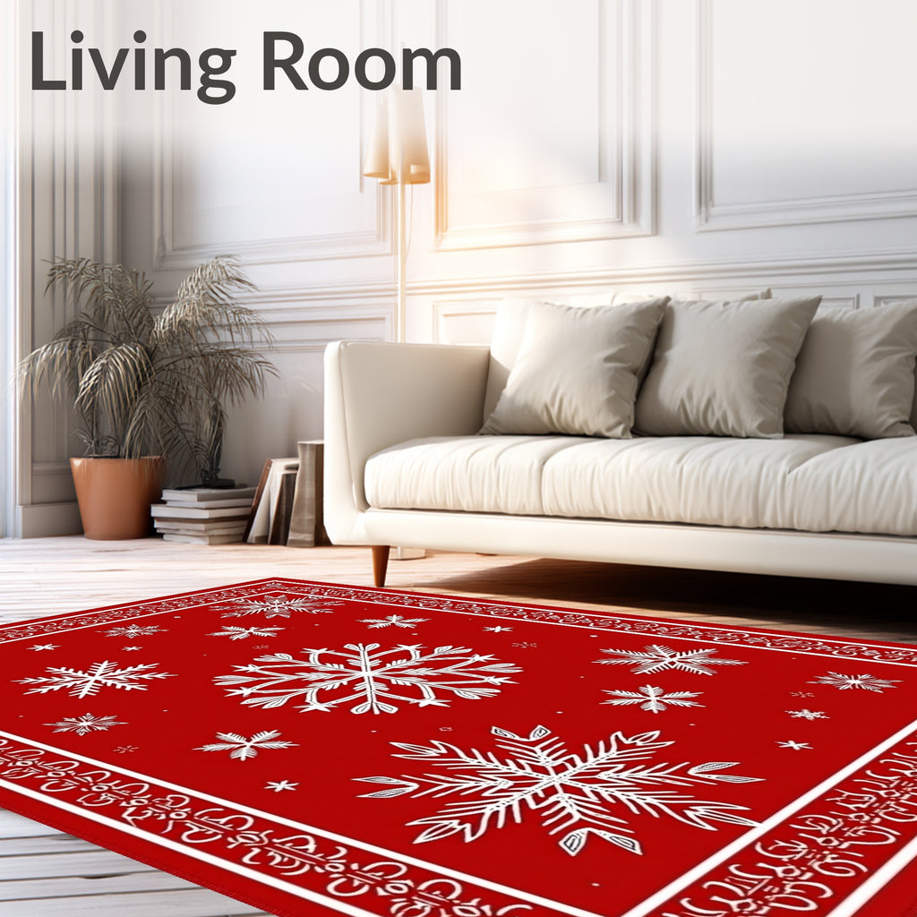 Red White Snowflake Bordered Classic Rug