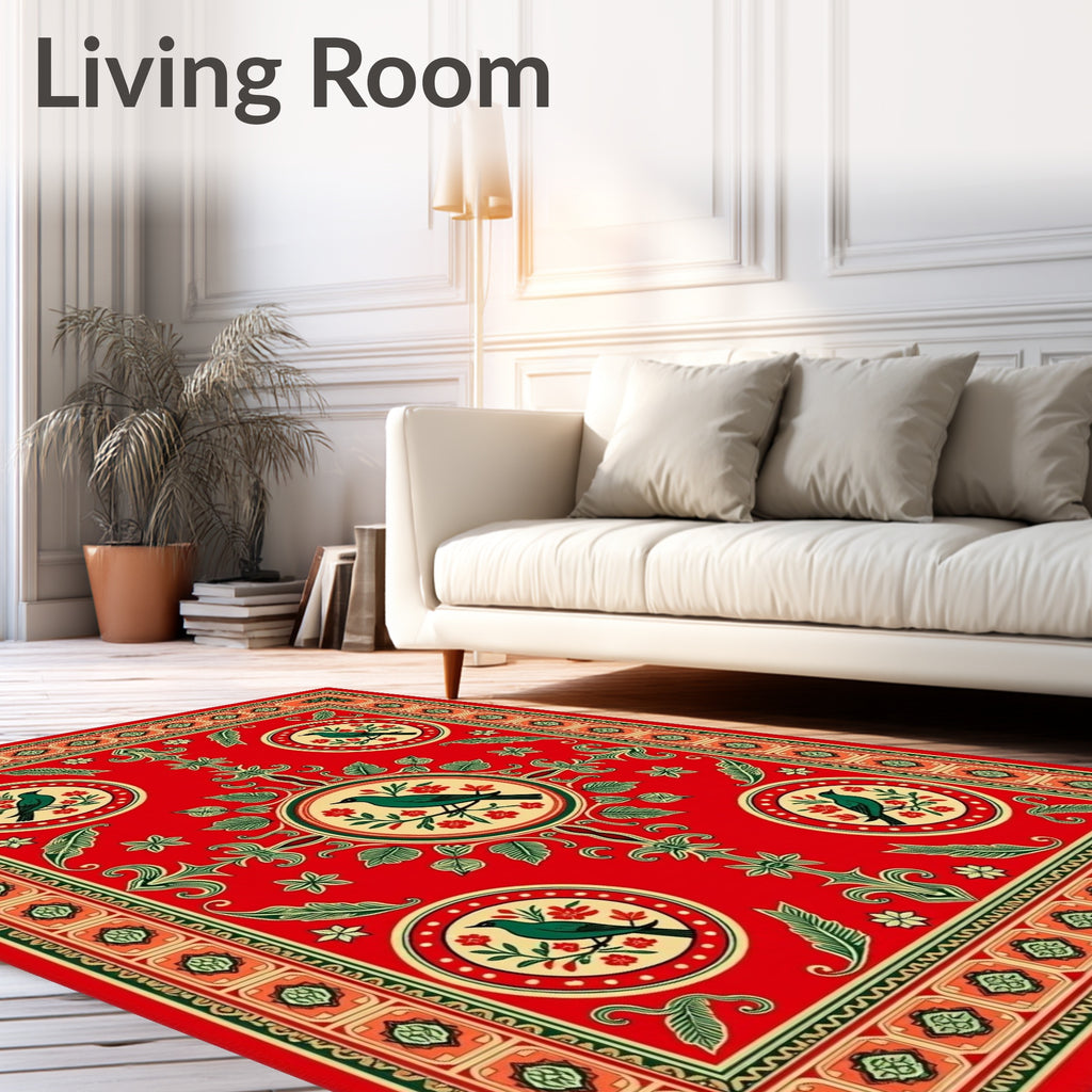 Crimson Red Bird Floral Medallion Rug