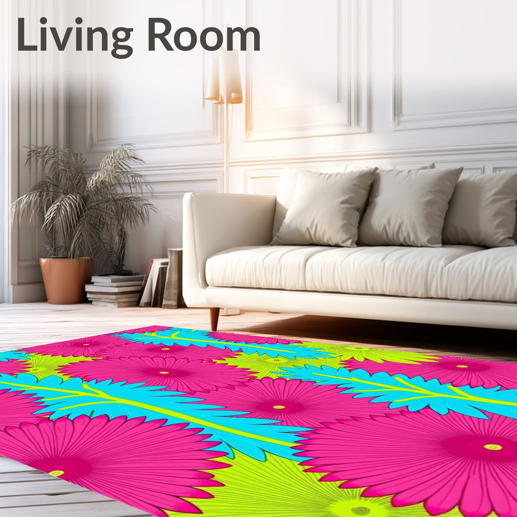 Vibrant Pink Cyan Green Floral Composition Rug