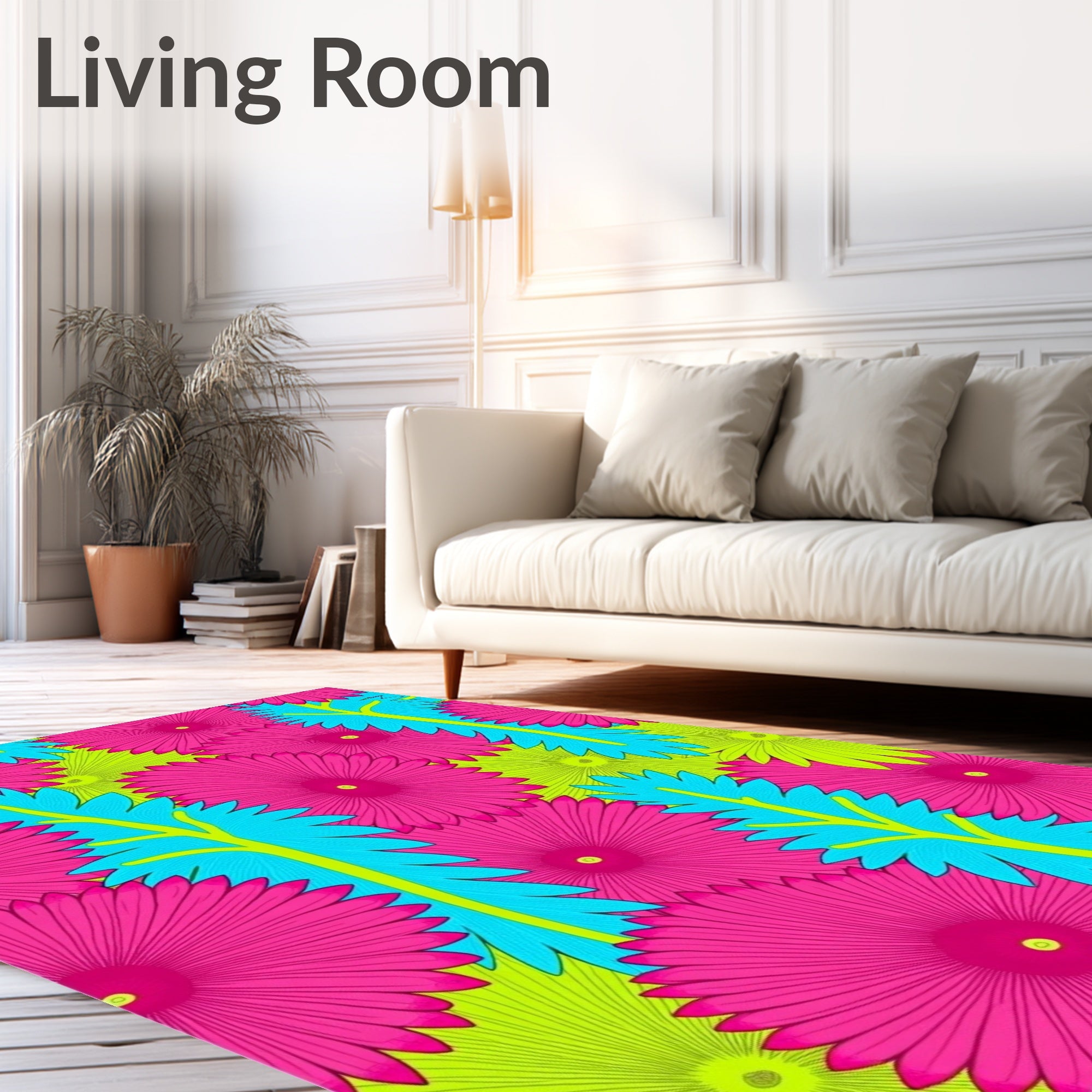 Vibrant Pink Cyan Green Floral Composition Rug