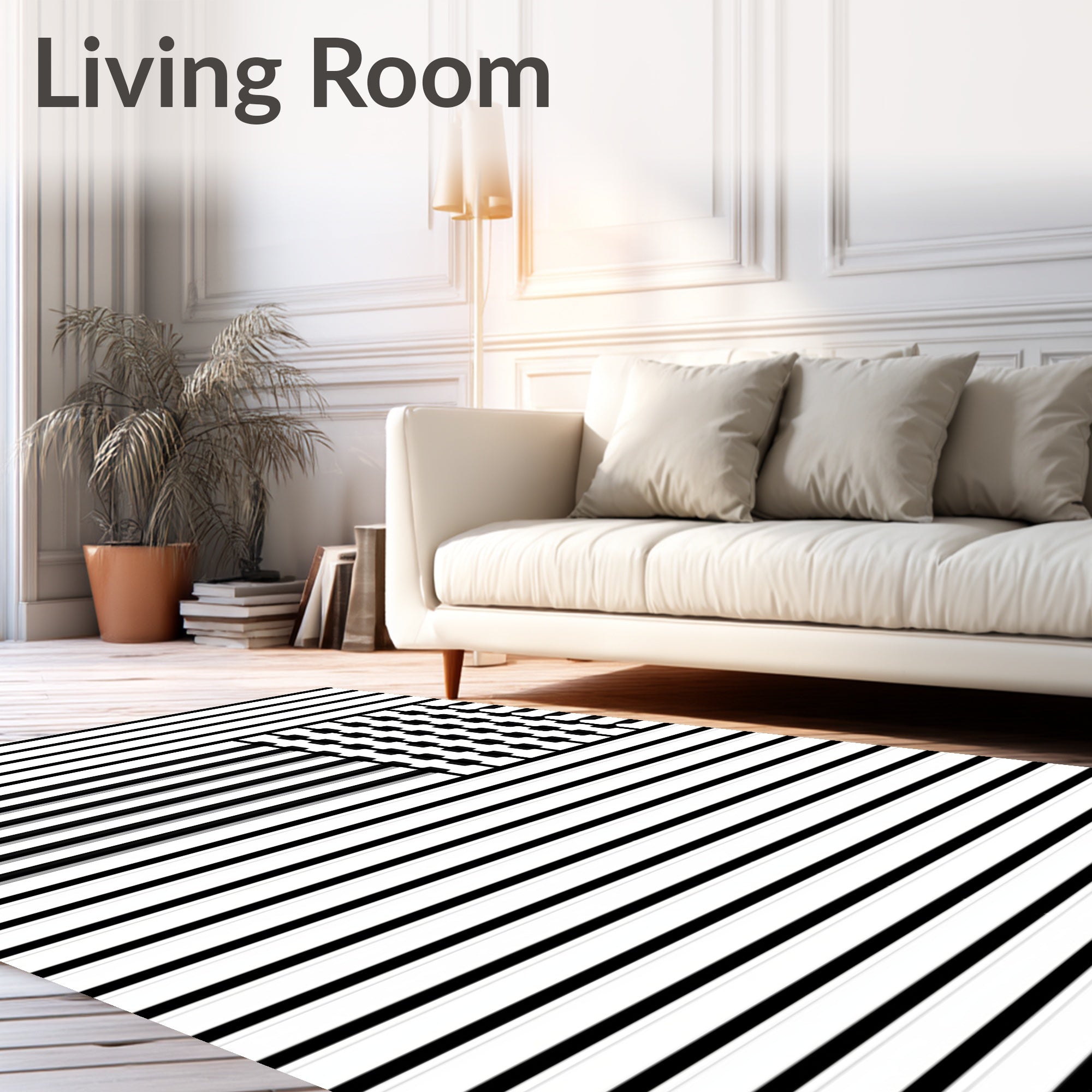 Modern Black White Stripe Field Rug