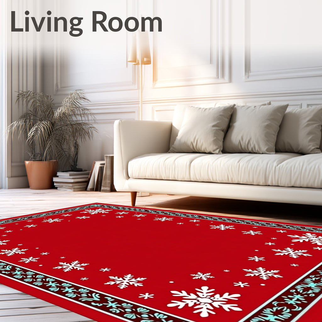 Crimson Snowflake Border With Light Blue Accents Rug