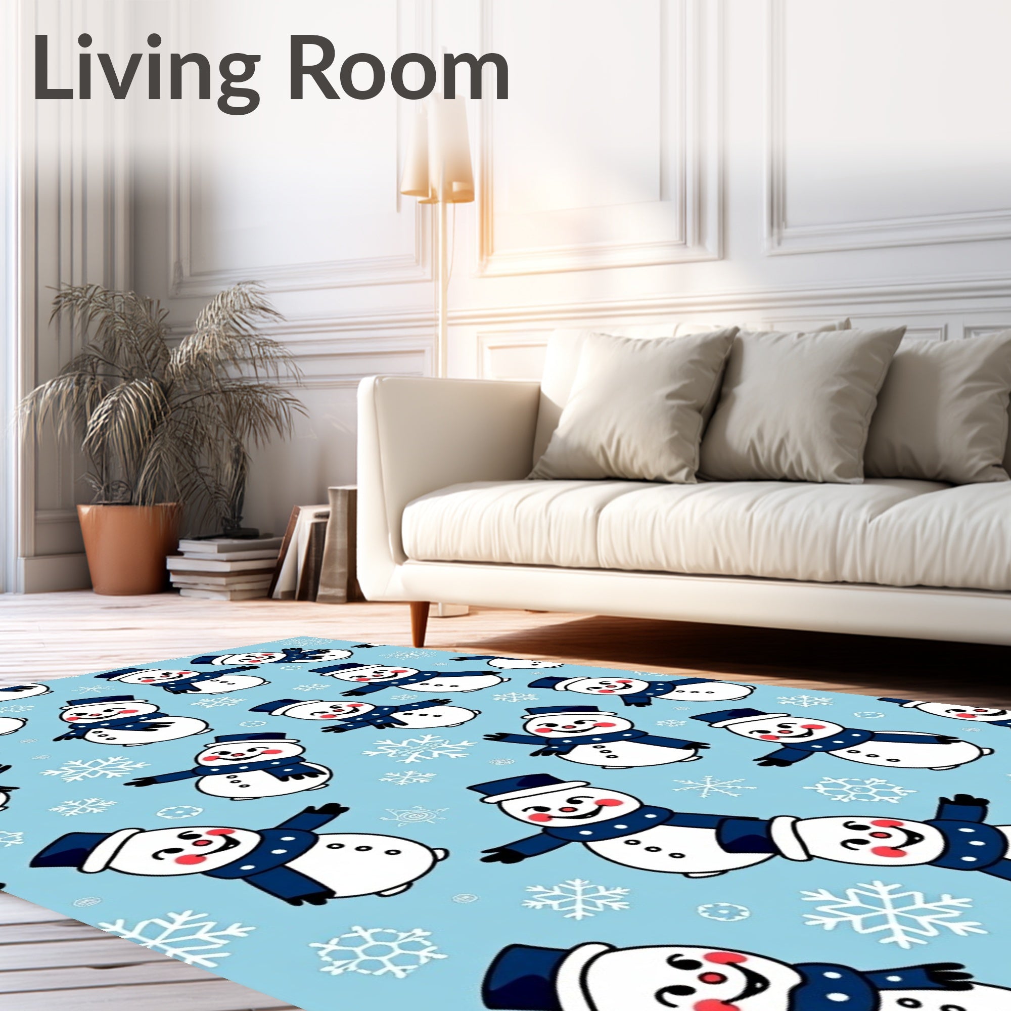Whimsical Snowman Blue Christmas Snowflakes Rug