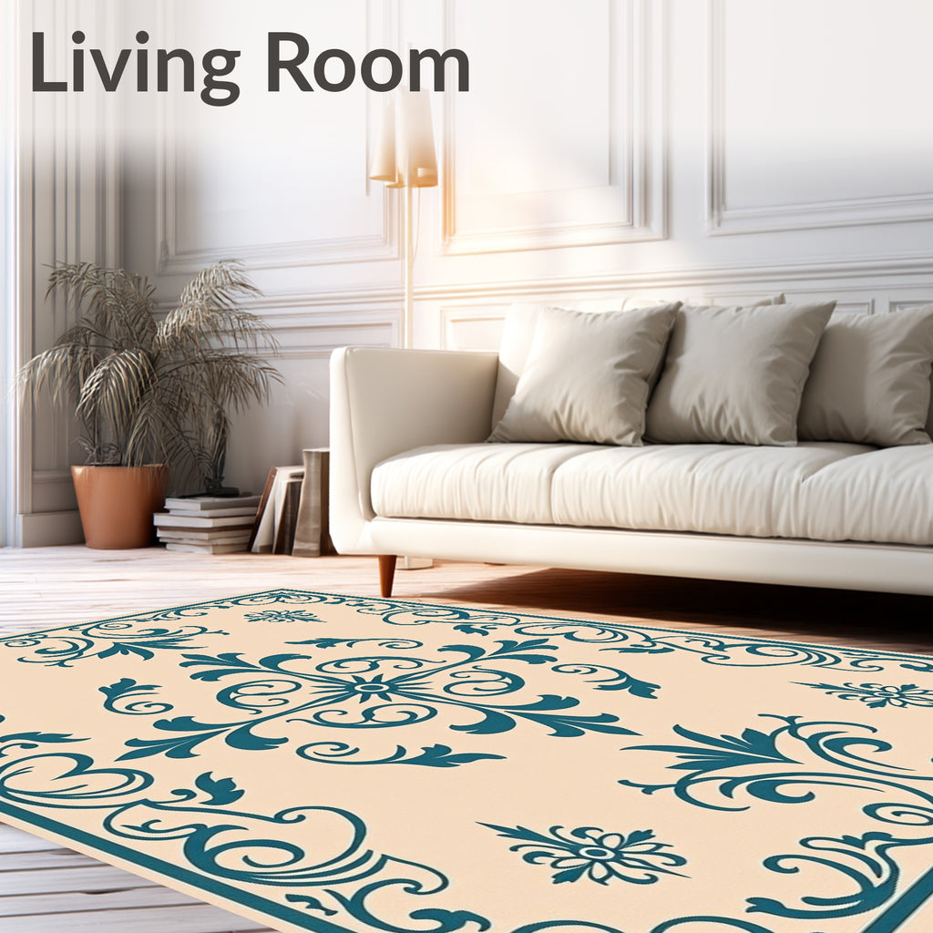 Teal Vintage Floral Scrollwork Rug