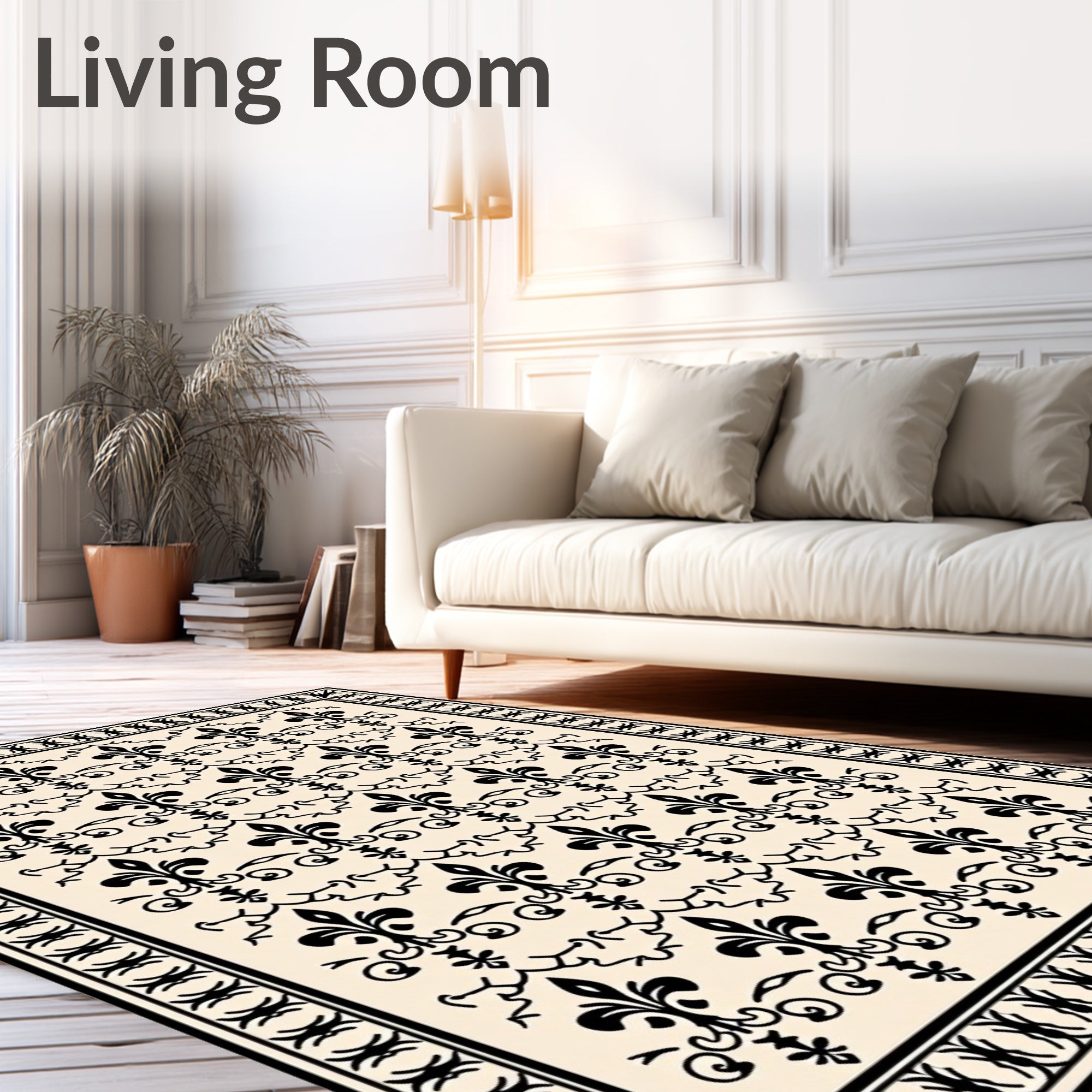 Black Fleur de Lis Cream Border Rug