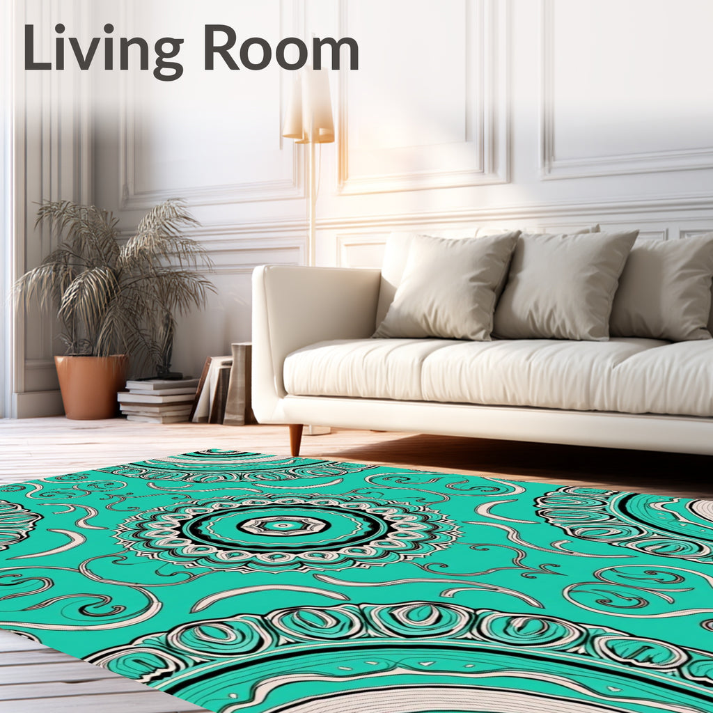 Teal Medallion Black and Cream Whimsical Rug