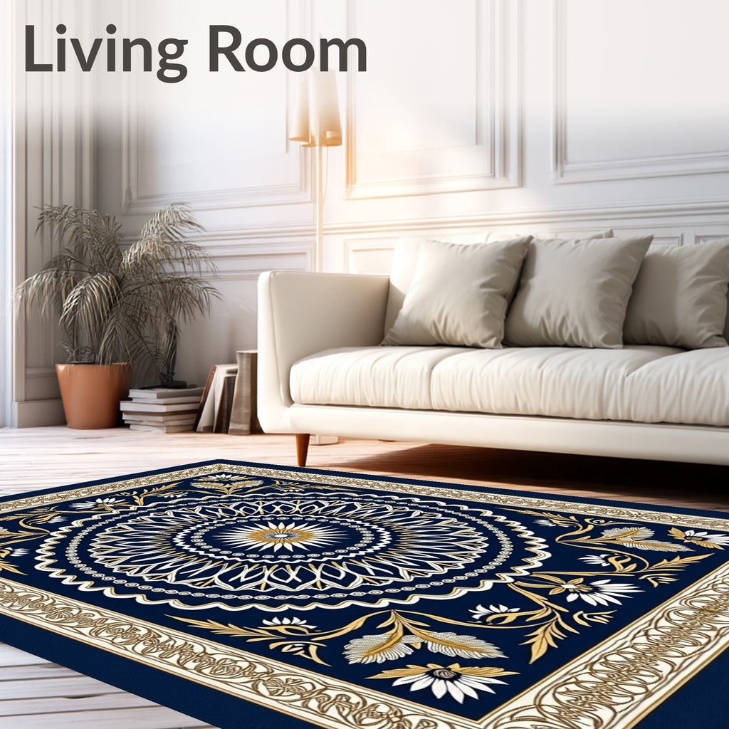 Golden Floral Medallion Navy Rug