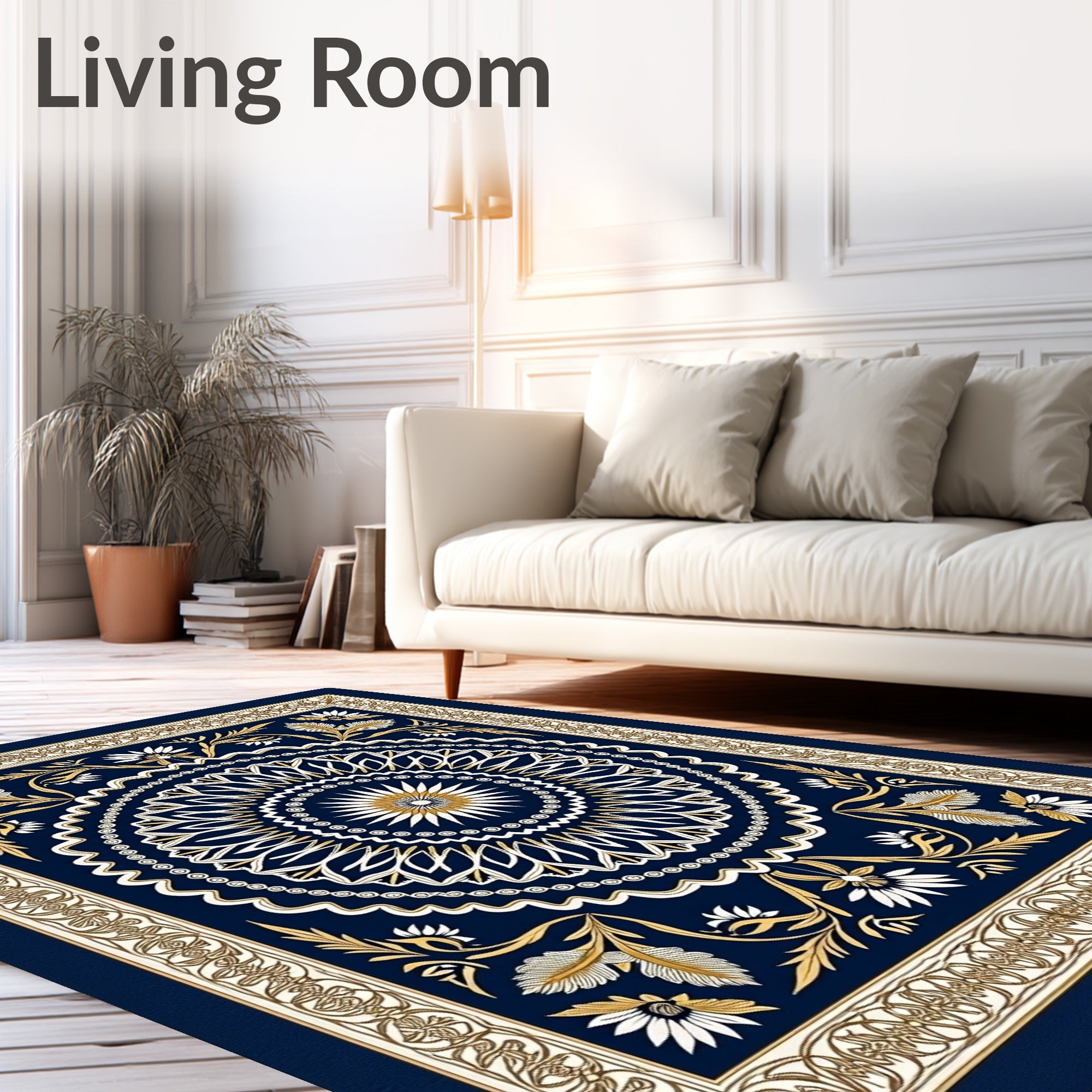 Golden Floral Medallion Navy Rug