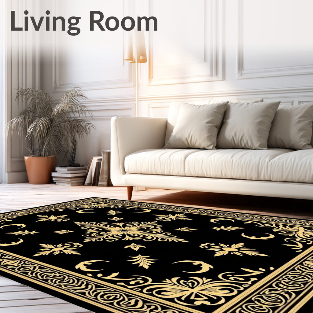 Classic Black Golden Floral Frame Rug