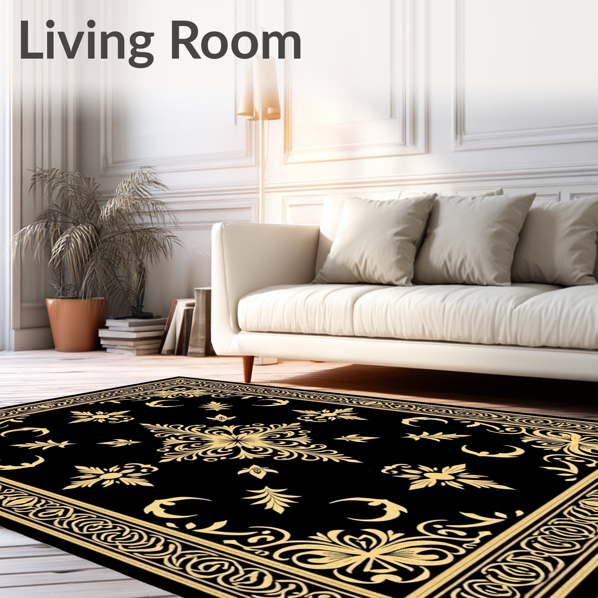 Classic Black Golden Floral Frame Rug