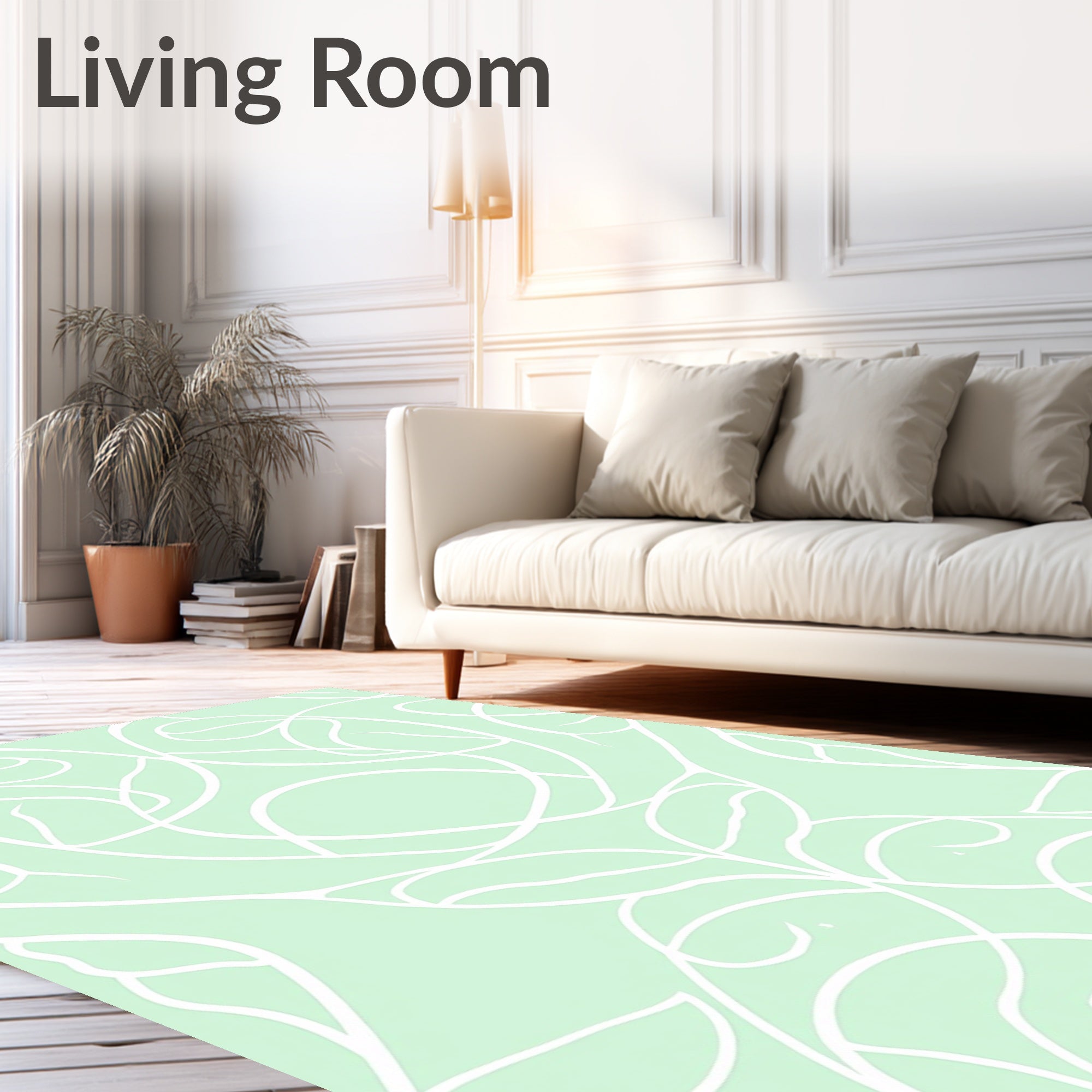Pale Green White Curved Vine Rug