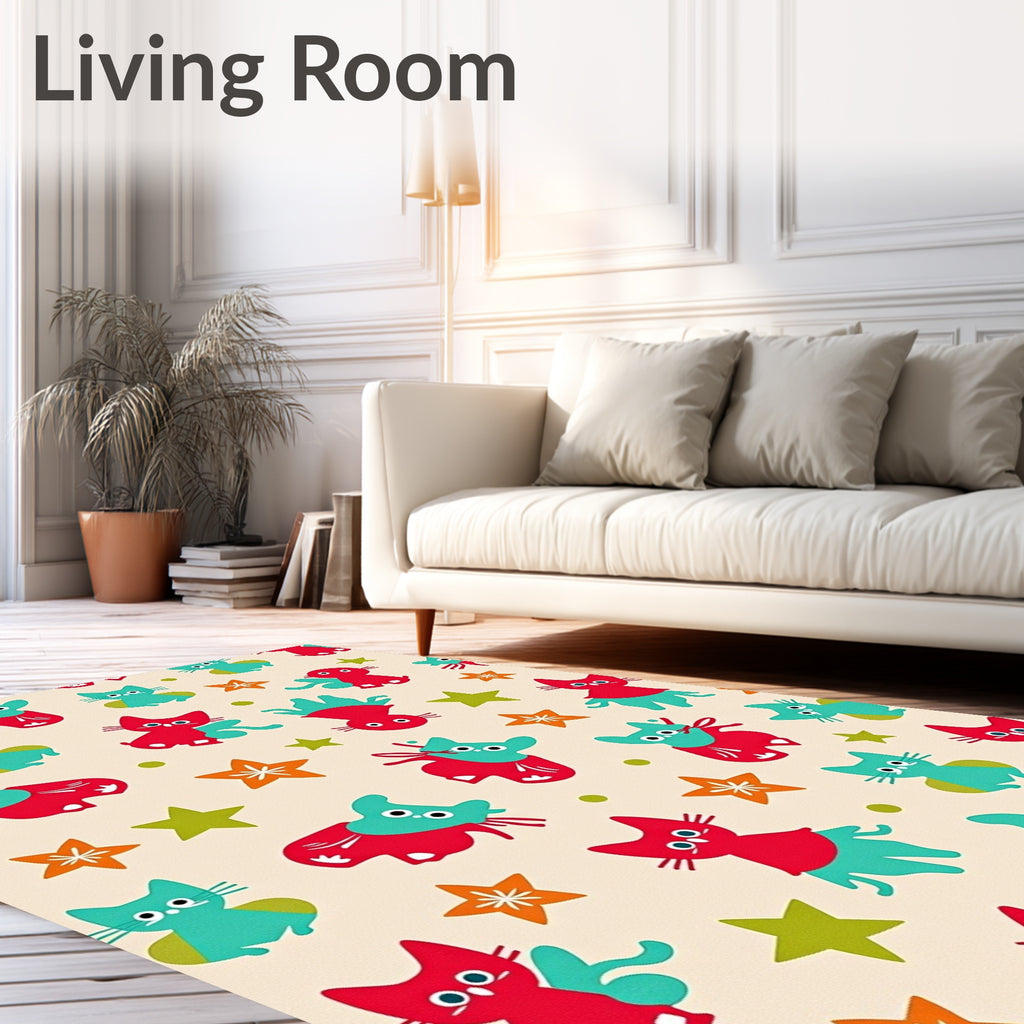 Whimsical Red Teal Kitty Starburst Rug