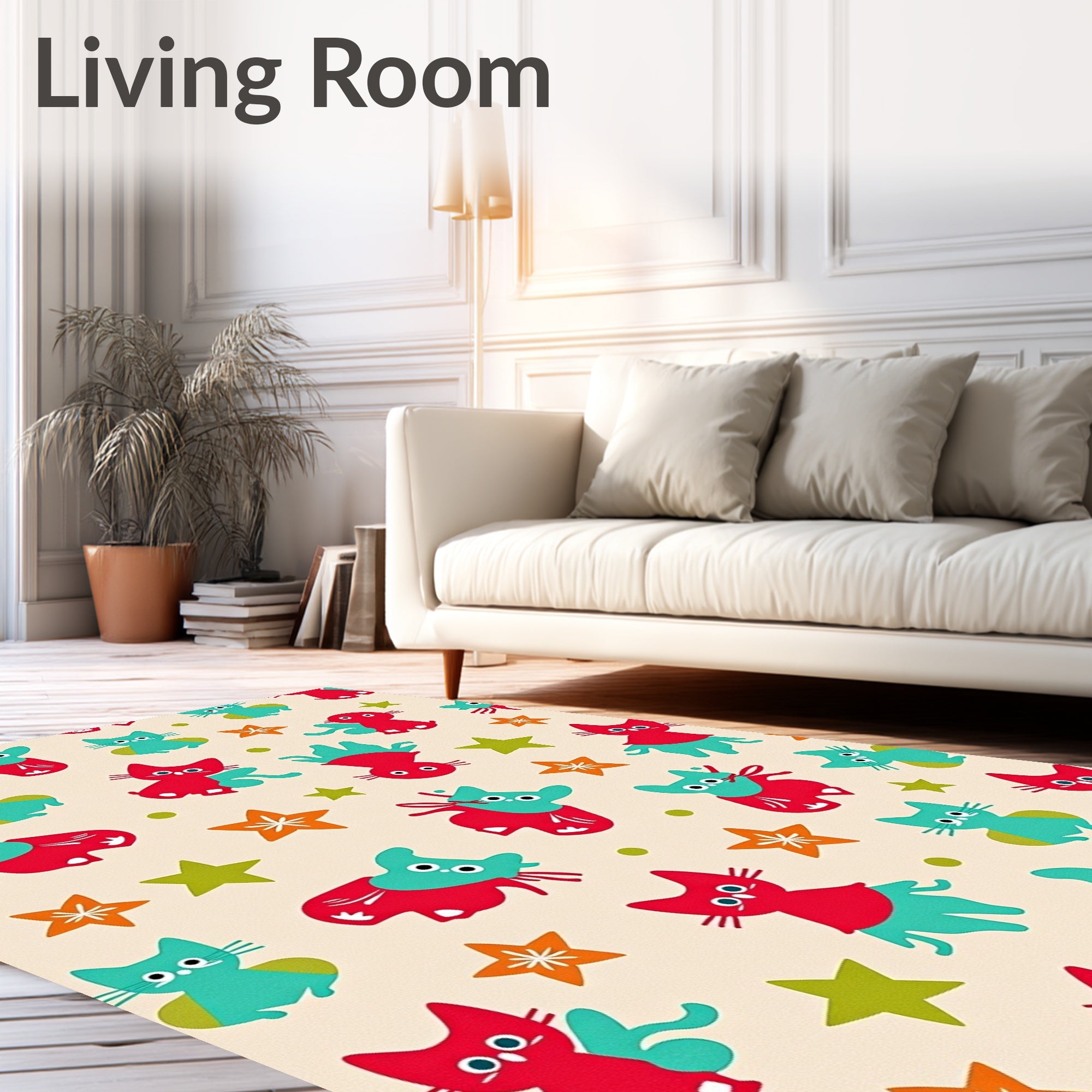 Whimsical Red Teal Kitty Starburst Rug