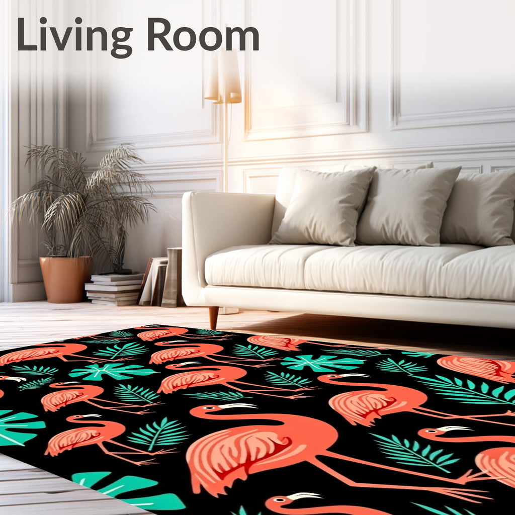 Coral Flamingo Tropical Leaf Black Rug