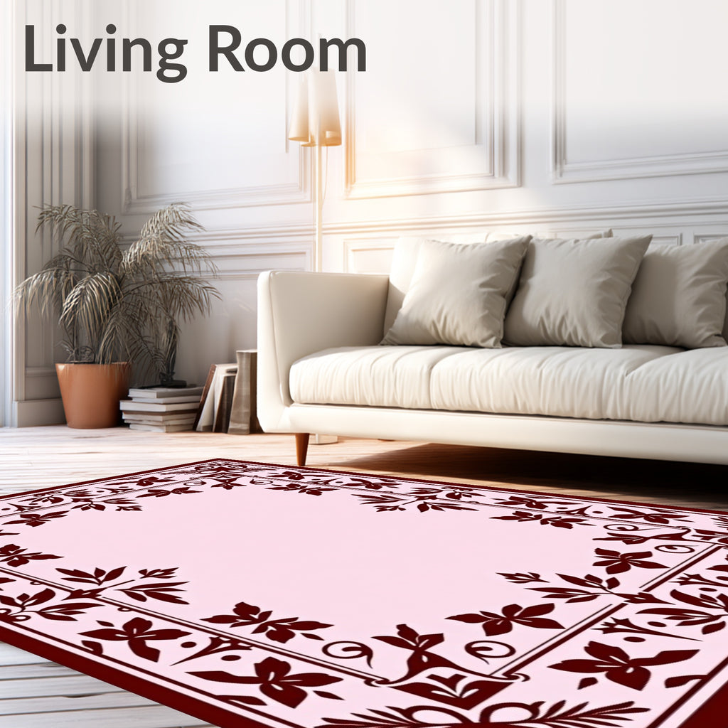 Deep Red Floral Bordered Light Pink Rug